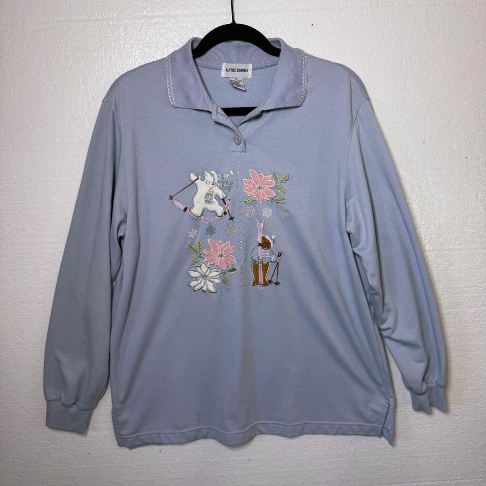 Vintage Sz M Embroidered Grandma Core Sweater Blue Pastel Bear Collared Kawaii